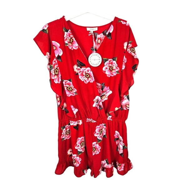 Umgee Womens Red Floral Ruffle Sleeve Wrap Romper Lightweight & Flowy Size XL - Picture 2 of 12